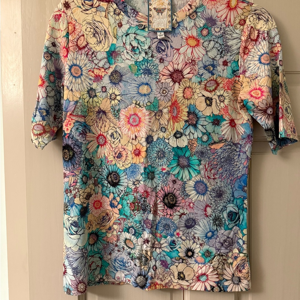 Johnny Was Multicolor Floral Short Sleeve Tee with Teal Accents - Picture 3 of 4